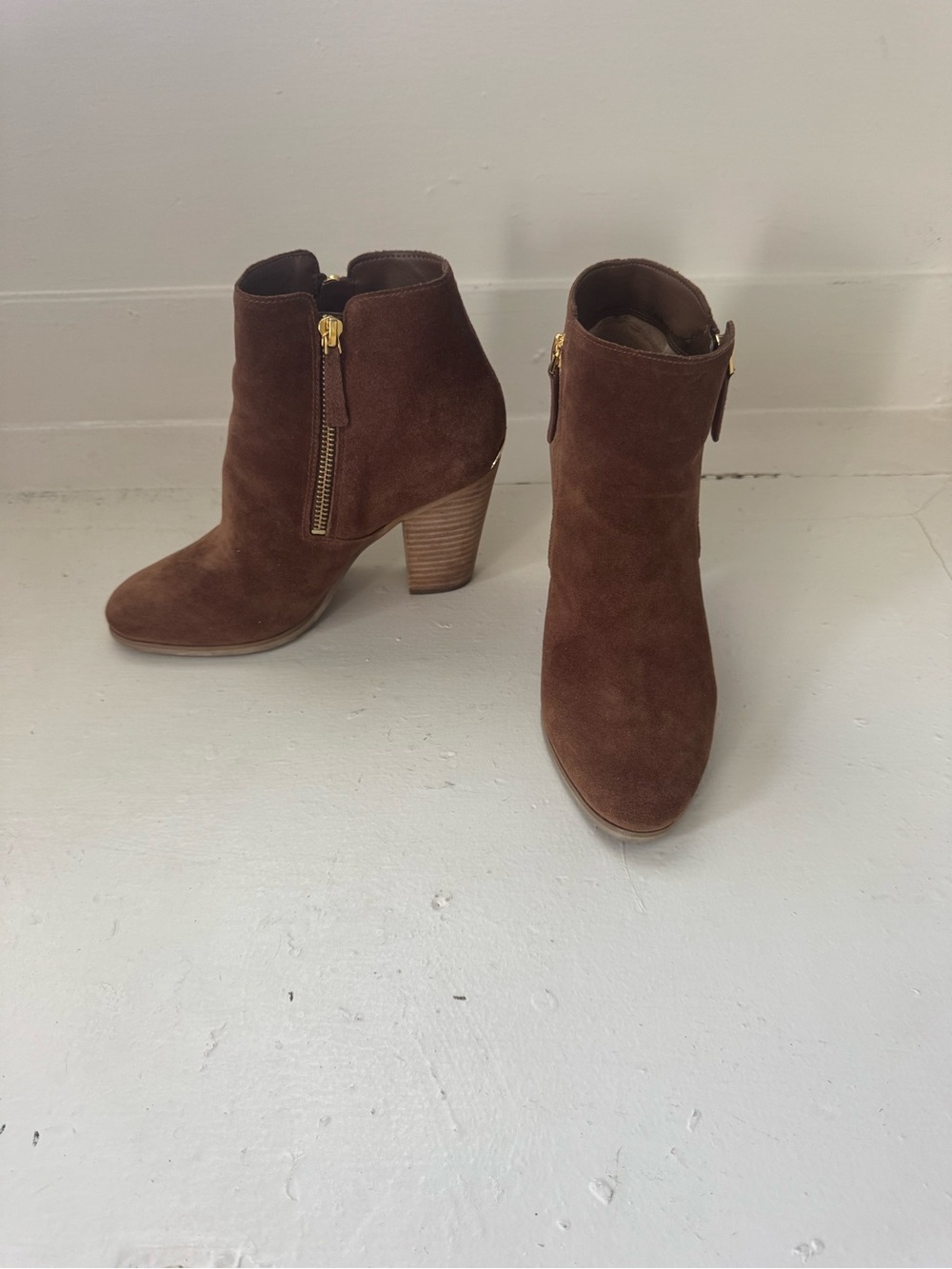 Michael Kors Brown Suede Ankle Booties with Gold Zip Detail